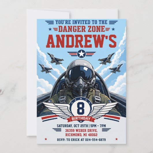 Invitation d'anniversaire de pilote de chasse mili (Devant)