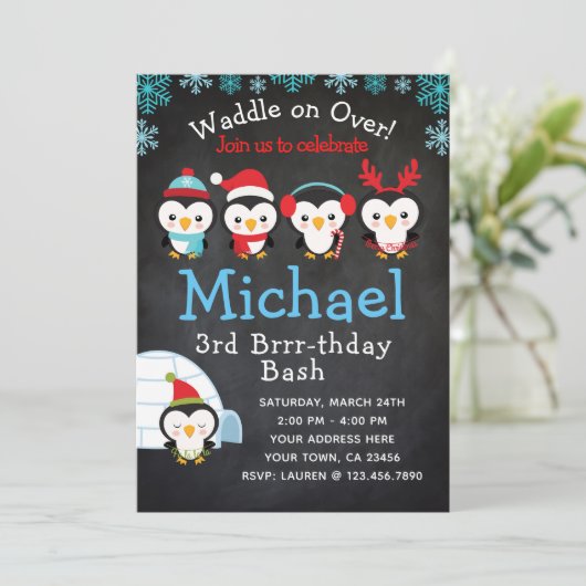 Invitation d'anniversaire de pingouin (Debout devant)