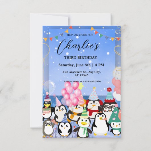 Invitation d'anniversaire de pingouin pour enfant (Devant)