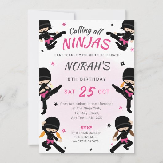 Invitation d'anniversaire de Pink Ninja - Filles K (Devant)
