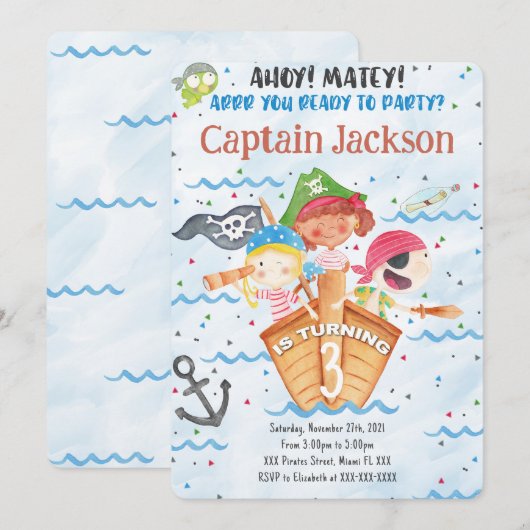 Invitation d'anniversaire de pirate (Devant / Derrière)