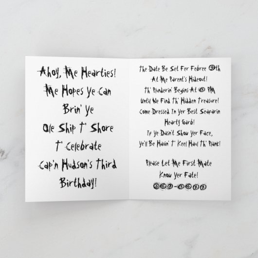 Invitation d'anniversaire de pirate - customisé (Intérieur)
