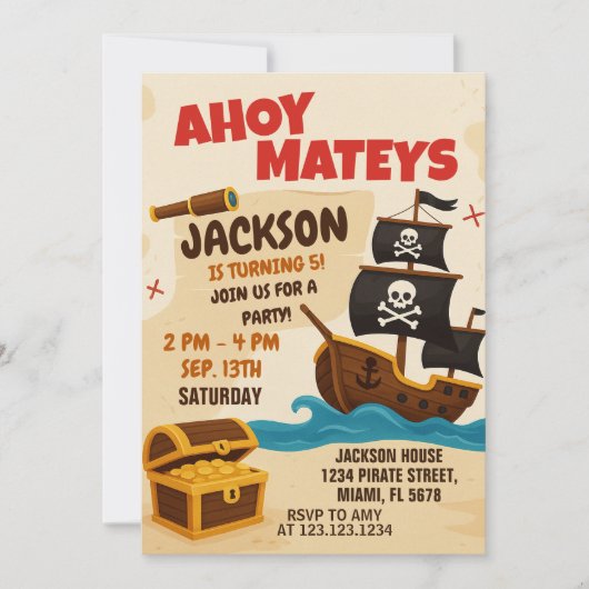 Invitation d'anniversaire de Pirate pour enfants (Devant)