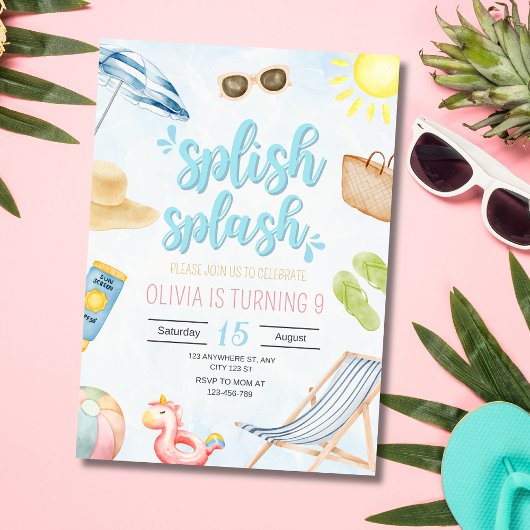 Invitation d'anniversaire de piscine, nage d'anniv