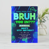 Invitation d'anniversaire de piscine néon Bruh (Debout devant)