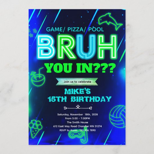 Invitation d'anniversaire de piscine néon Bruh (Devant)