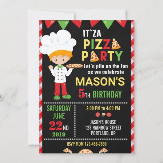 Invitation d'anniversaire de pizza Red Green soiré (Devant)