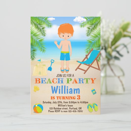 Invitation d'anniversaire de plage Invitation de p (Debout devant)