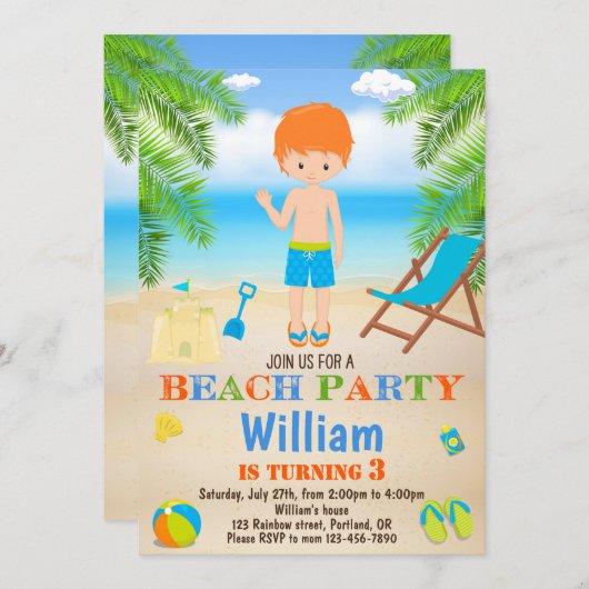 Invitation d'anniversaire de plage Invitation de p (Devant / Derrière)