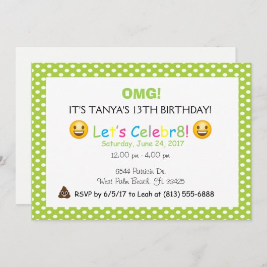 invitation d'anniversaire de pois vert (Devant / Derrière)