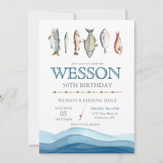 Invitation d'anniversaire de poisson, pêche Homme (Devant)
