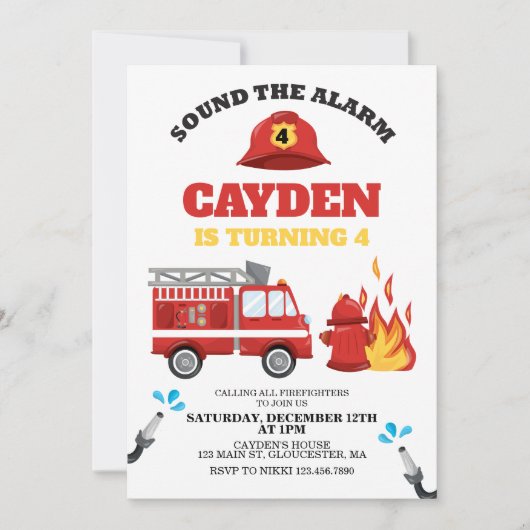Invitation d'anniversaire de pompier de camion de (Devant)