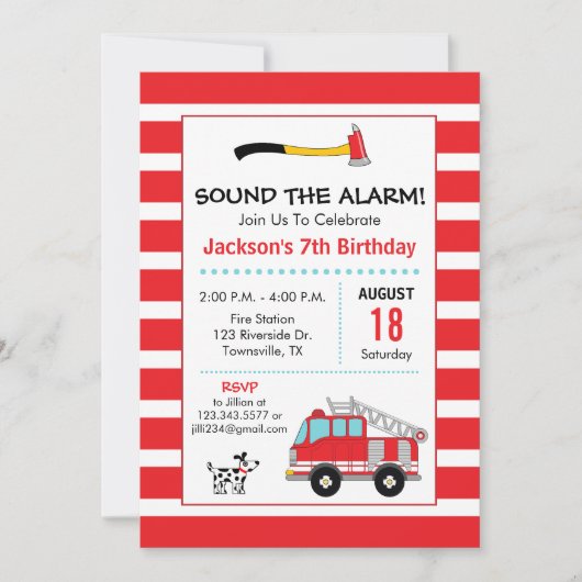 Invitation d'anniversaire de pompier de camion de  (Devant)