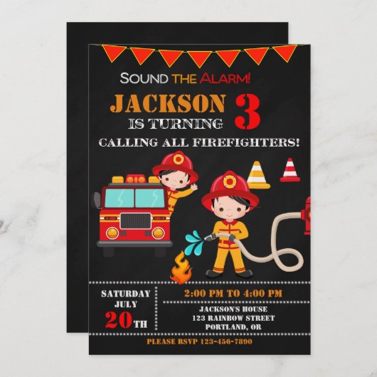 Invitation d'anniversaire de pompier Fête de camio (Devant / Derrière)