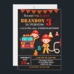 Invitation d'anniversaire de pompier Fête de camio<br><div class="desc">Invitation pour l'anniversaire des pompiers Invitation pour la fête des camions de pompiers. Jolie invitation pour la fête d'anniversaire du jeune pompier avec camion Red Fire,  pompier blond et quelques équipements de lutte contre l'incendie. Sonnez l'alarme et éditez simplement ce modèle facile à utiliser dans le menu Personnaliser.</div>