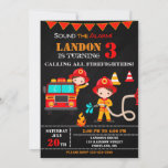 Invitation d'anniversaire de pompier Fête de camio<br><div class="desc">Invitation pour l'anniversaire des pompiers Invitation pour la fête des camions de pompiers. Jolie invitation pour la fête d'anniversaire du jeune pompier avec camion Red Fire,  pompier brun garçons et du matériel de lutte contre l'incendie. Sonnez l'alarme et éditez simplement ce modèle facile à utiliser dans le menu Personnaliser.</div>