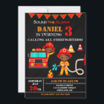 Invitation d'anniversaire de pompier Fête de camio<br><div class="desc">Invitation pour l'anniversaire des pompiers Invitation pour la fête des camions de pompiers. Jolie invitation pour la fête d'anniversaire du jeune pompier avec camion Red Fire, pompier à la peau foncée et quelques équipements de lutte contre l'incendie. Sonnez l'alarme et éditez simplement ce modèle facile à utiliser dans le menu...</div>