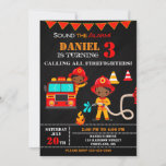 Invitation d'anniversaire de pompier Fête de camio<br><div class="desc">Invitation pour l'anniversaire des pompiers Invitation pour la fête des camions de pompiers. Jolie invitation pour la fête d'anniversaire du jeune pompier avec camion Red Fire, pompier à la peau foncée et quelques équipements de lutte contre l'incendie. Sonnez l'alarme et éditez simplement ce modèle facile à utiliser dans le menu...</div>