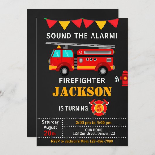 Invitation d'anniversaire de pompier neutre (Devant / Derrière)