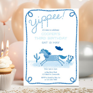 Invitation d'anniversaire de Poney Occidental Bleu