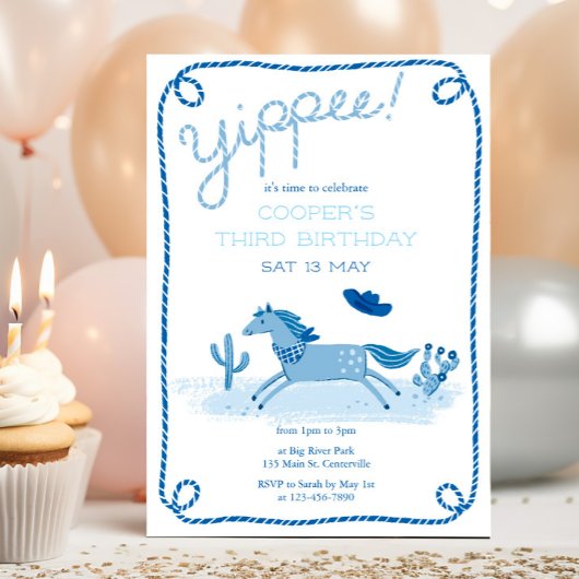 Invitation d'anniversaire de Poney Occidental Bleu