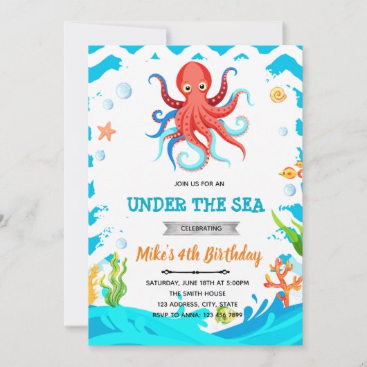 Invitation d'anniversaire de poulpe (Devant)