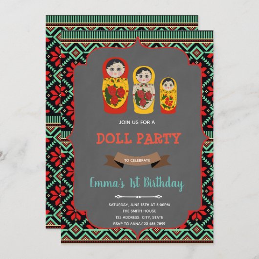 Invitation d'anniversaire de poupée russe (Devant / Derrière)