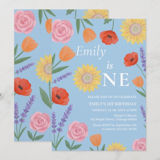 Invitation d'anniversaire de première année Fleurs (Devant / Derrière)