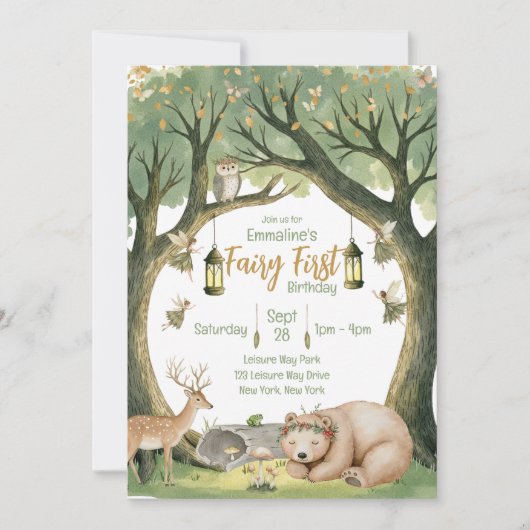 Invitation d'anniversaire de première forêt de fée (Devant)