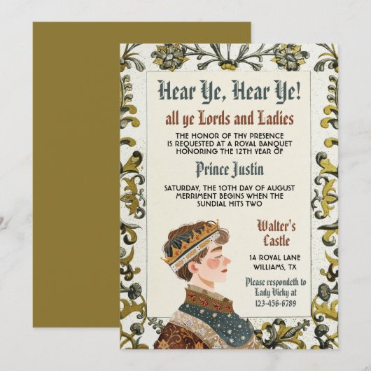 Invitation d'anniversaire de prince de la Renaissa (Devant / Derrière)