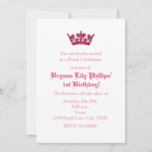Invitation d'anniversaire de princesse à couronne  (Devant)