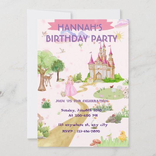 Invitation d'anniversaire de princesse à l'aquarel (Devant)