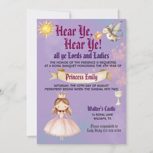 Invitation d'anniversaire de princesse de la Renai (Devant)