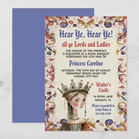 Invitation d'anniversaire de princesse de la Renai (Devant / Derrière)