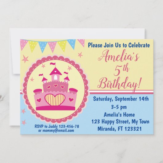 Invitation d'anniversaire de princesse du château (Devant)