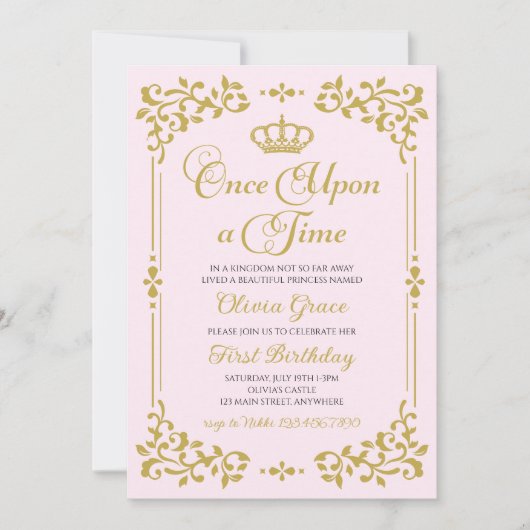 Invitation d'anniversaire de princesse en or Il ét (Devant)