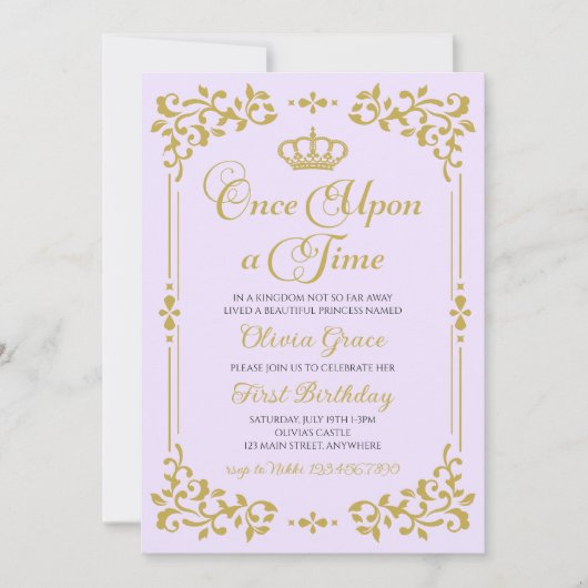 Invitation d'anniversaire de princesse en or Il ét (Devant)