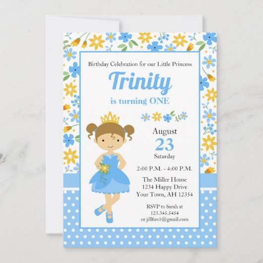 Invitation d'anniversaire de princesse, fête de pr (Devant)