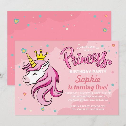 Invitation d'anniversaire de princesse licorne (Devant / Derrière)