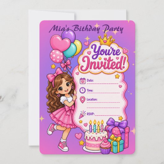 Invitation d'anniversaire de princesse mignonne (Devant)