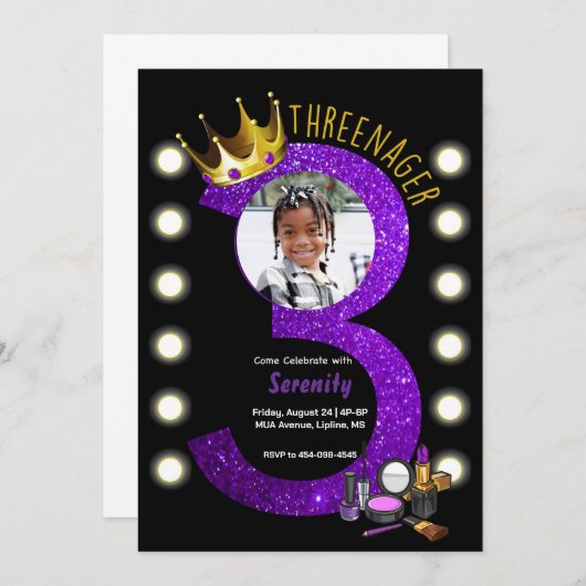 Invitation d'anniversaire de princesse MUA Three-n (Devant / Derrière)