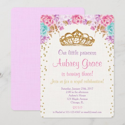 Invitation d'anniversaire de princesse, or pourpre (Devant / Derrière)