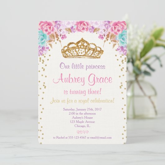 Invitation d'anniversaire de princesse, or pourpre (Debout devant)