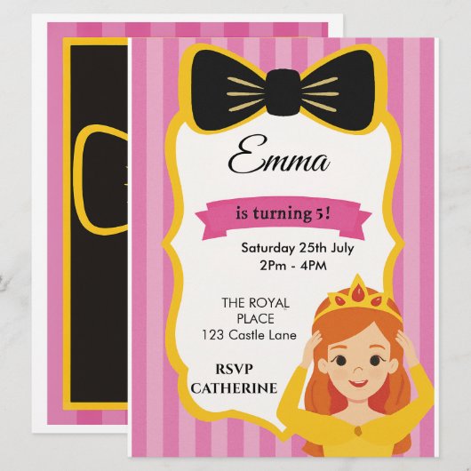 Invitation d'anniversaire de princesse pour filles (Devant / Derrière)
