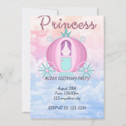 Invitation d'anniversaire de princesse pour filles (Devant)