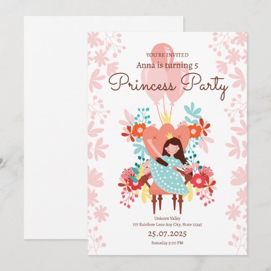 Invitation d'anniversaire de princesse, Princesse  (Devant / Derrière)