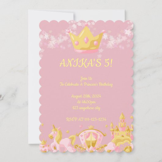 Invitation d'anniversaire de princesse rose (Devant)