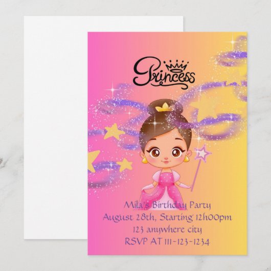 Invitation d'anniversaire de princesse rose (Devant / Derrière)