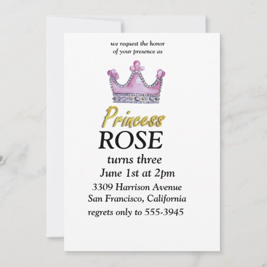 Invitation d'anniversaire de princesse rose et or (Devant)