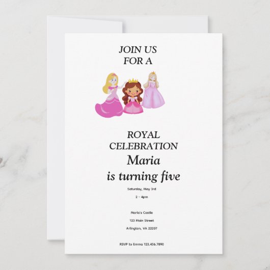 Invitation d'anniversaire de princesse rose et or (Devant)